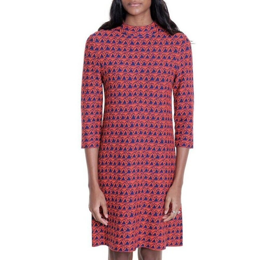 Issa London Geometric Knit Sailboat Dress Sz M Nautical Orange Red